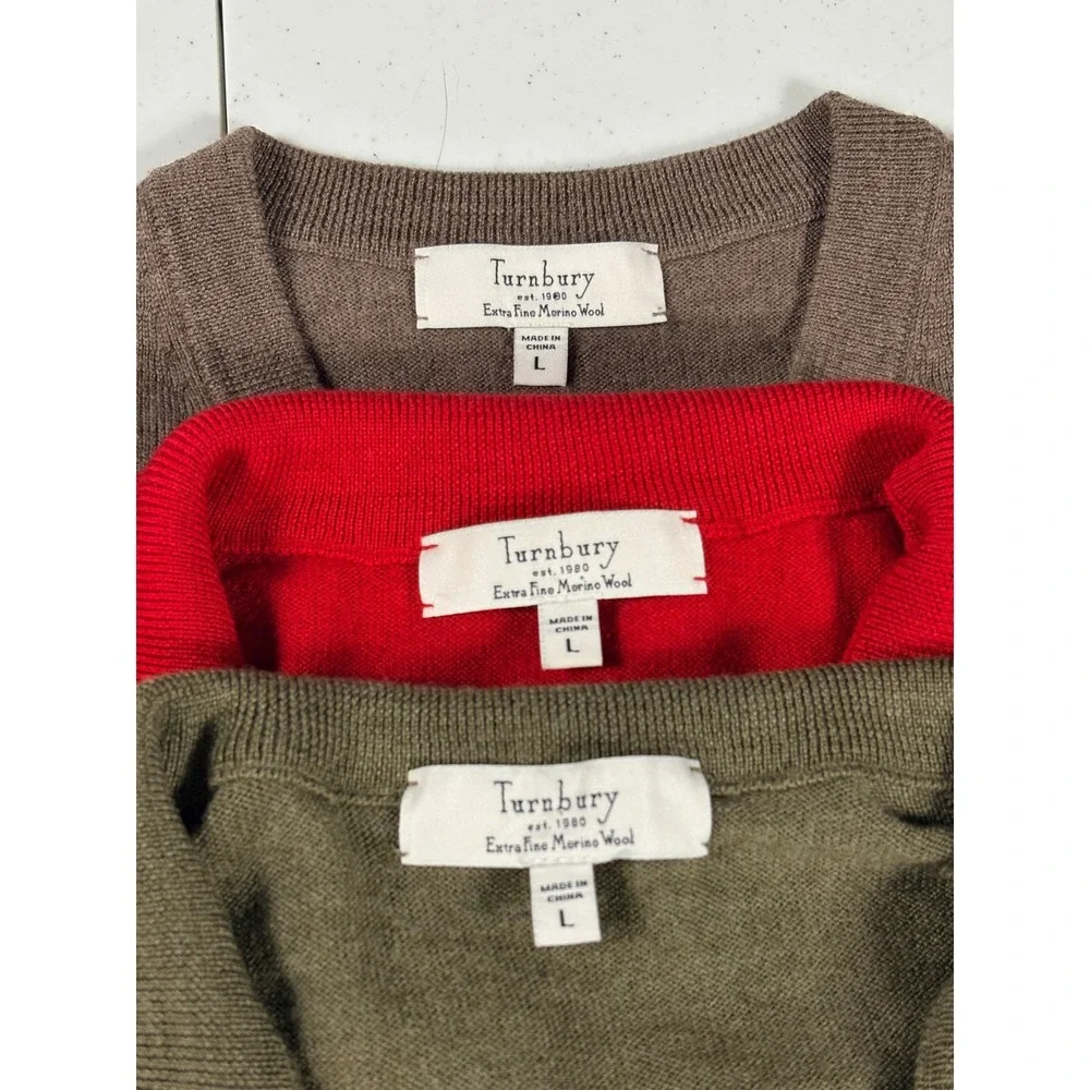 Turnbury Mens Sweater 1/4 Zip / V-Neck Green Red Brown Merino Wool L Lot 3 NICE